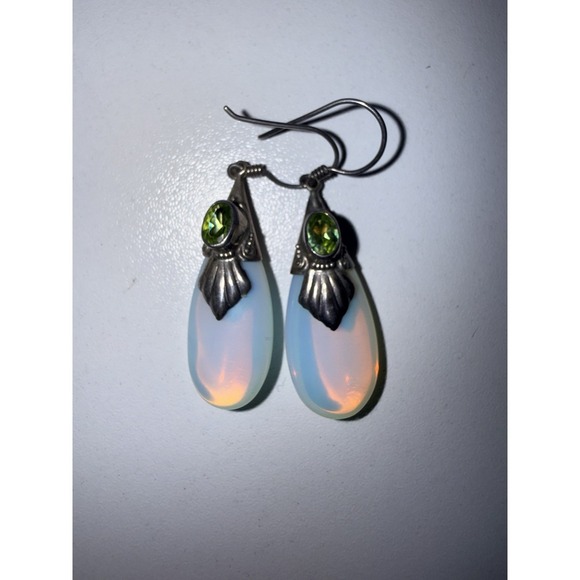 Artisan Crafted Jewelry - VTG Hook Earrings Opalite Glass Teardrop Green Peridot 925 Sterling